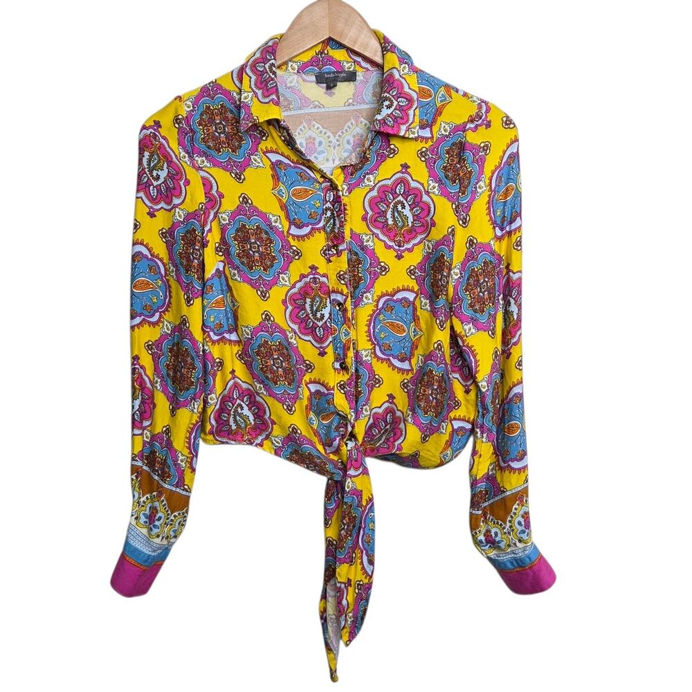 Haute Hippie Womens SZ S Multi-Colored Front Tie Button Up‎ Crop Shirt Boho